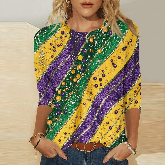 CYiJun Mardi Gras Clothing,Women's Mardi Gras Graphic Blouse,3/4 Sleeve Round Neck Top with Vintage Carnival Mask Print