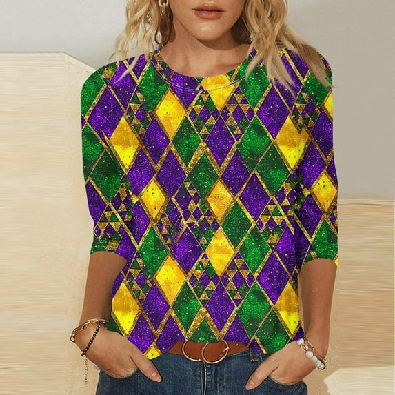 CYiJun Mardi Gras Clothing,Women's Mardi Gras Party Top,Soft 3/4 Sleeve Crewneck Blouse for New Orleans Carnival