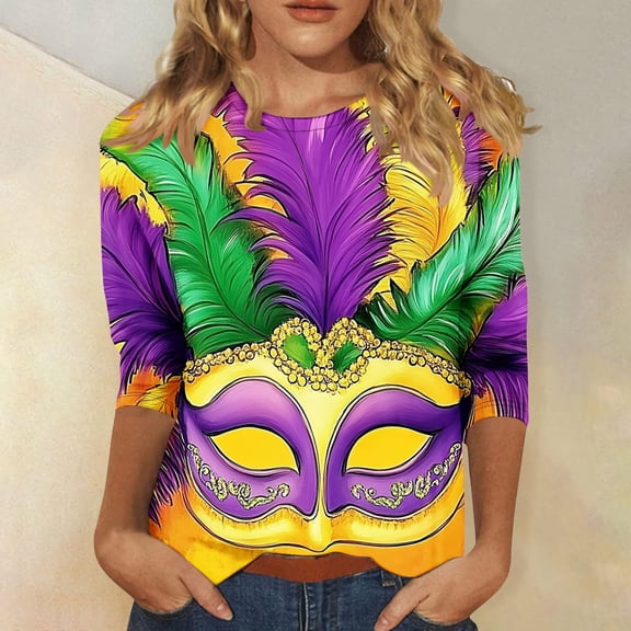 CYiJun Mardi Gras Clothing,Women's Mardi Gras Party Top,Soft 3/4 Sleeve Crewneck Blouse for New Orleans Carnival
