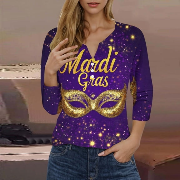 CYiJun Mardi Gras Shirts,Carnival Print 3/4 Sleeve Top,Colorful Mask Pattern Crewneck Shirt for Mardi Gras Festival