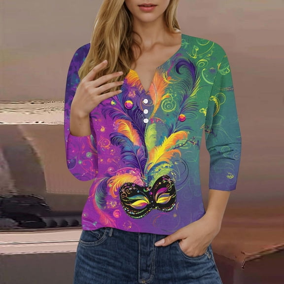 CYiJun Mardi Gras Shirts,Women's Glitter Mardi Gras Blouse,3/4 Sleeve Sequined Top with Fleur De Lis Pattern for Parade