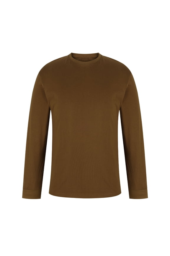 Men's Cotton Long Sleeve Shirts Crewneck Basic Tee Fall Moisture Wicking Casual T Shirts,Brown 2XL