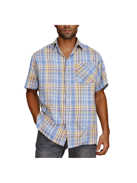 Men's Plaid Checkered Button Down Shirt Casual UPF 50+ Short Sleeve Dress Check Shirts with Pockets