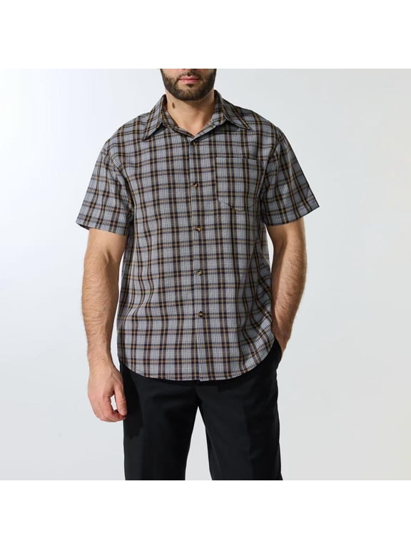 Mens Casual Button Down Shirts Summer Casual Short Sleeve Wrinkle Free Classic Plaid Shirt with Pocket