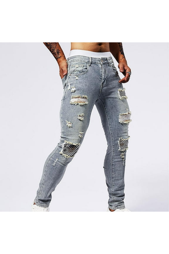 Mens Ripped Jeans Classic Soft Taper Skinny Fit Stretch Denim Pants