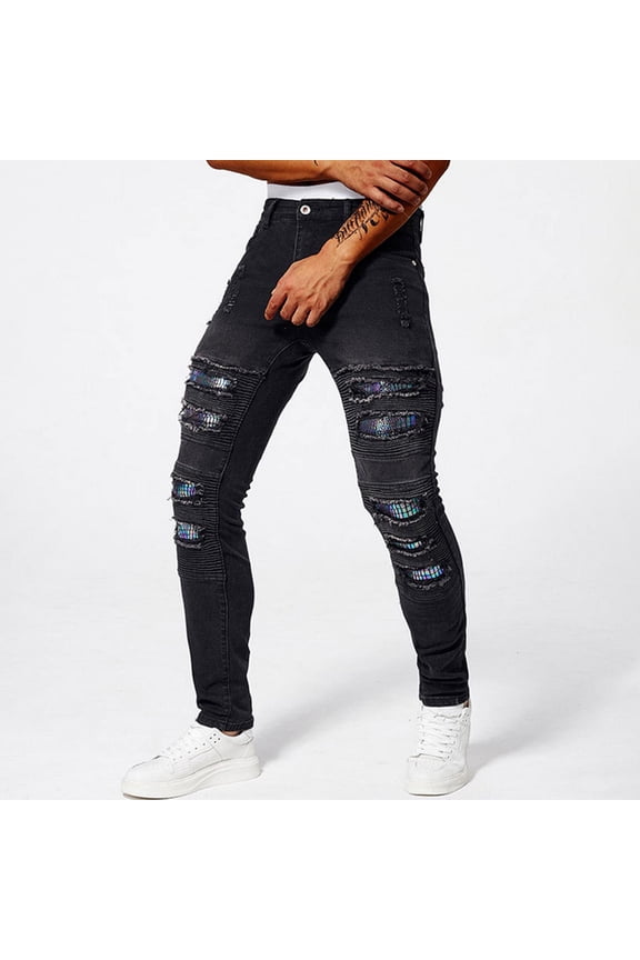 Mens Skinny Jeans Stretch Ripped Tapered Leg Denim Pants