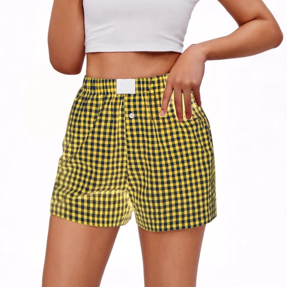 CYiJun Plaid Shorts for Women Summer Button Gingham Boxers Soft Beach Lounge Shorts with Pocket