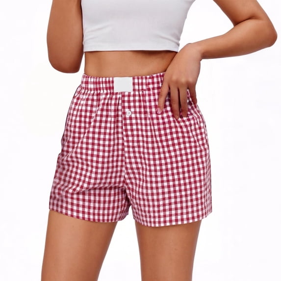 CYiJun Plaid Shorts for Women Summer Button Gingham Boxers Soft Beach Lounge Shorts with Pocket