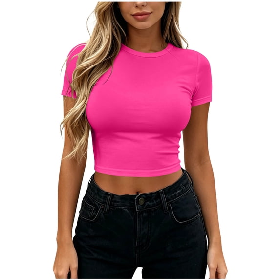 CYiJun Womens Crop Tops Summer Slim Fitted Basic Tee Stretchy Soft Crewneck Short Sleeve T Shirt
