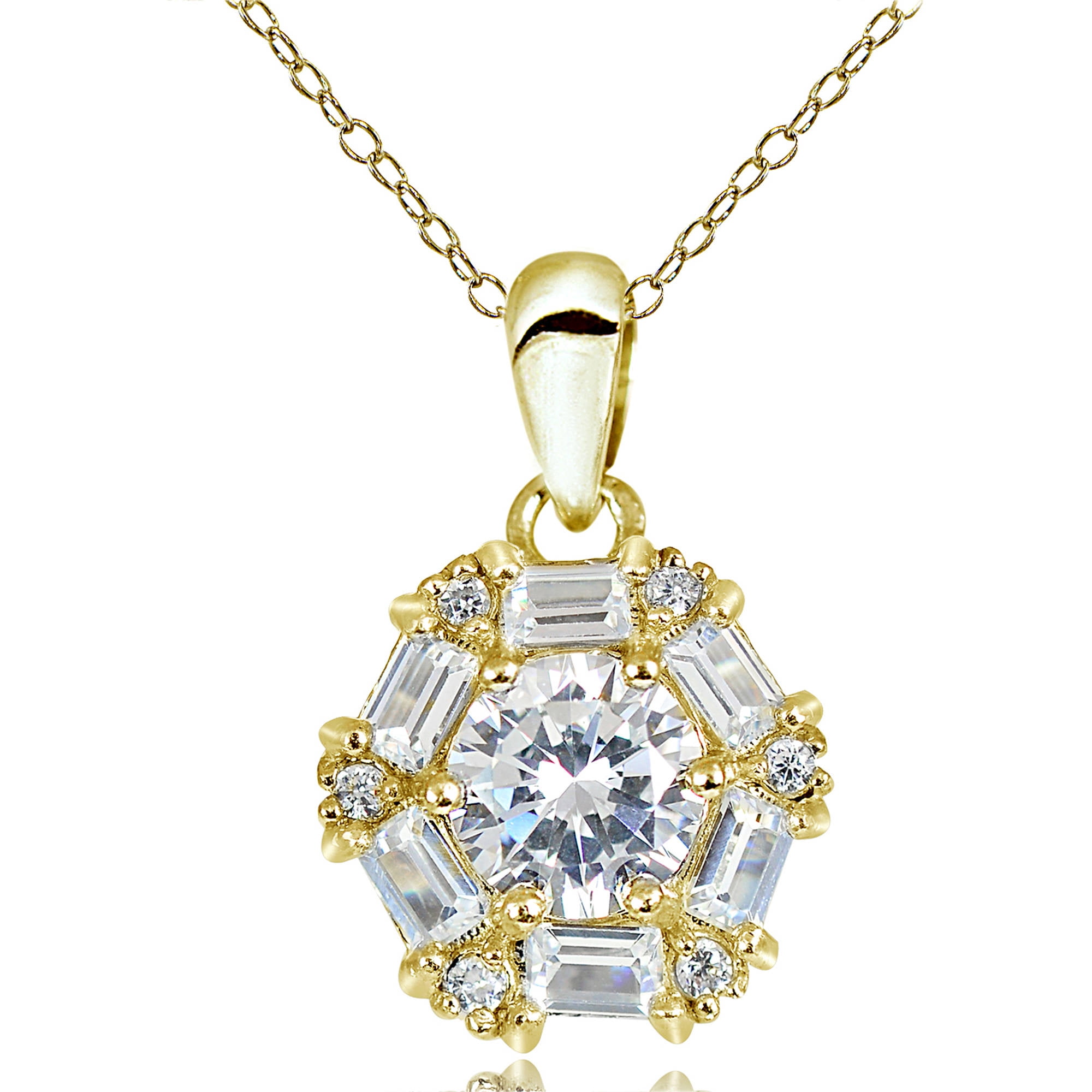 CZ 14kt Yellow Gold over Sterling Silver Baguette Cluster Pendant, 18 ...