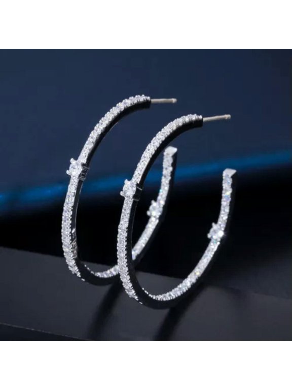 CZ 925 Silver Big Loop Circle Thin Hoop Earrings Jewelry for Women