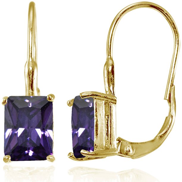 CZ Amethyst Yellow Gold Flashed Sterling Silver EmeraldCut Leverback Earrings