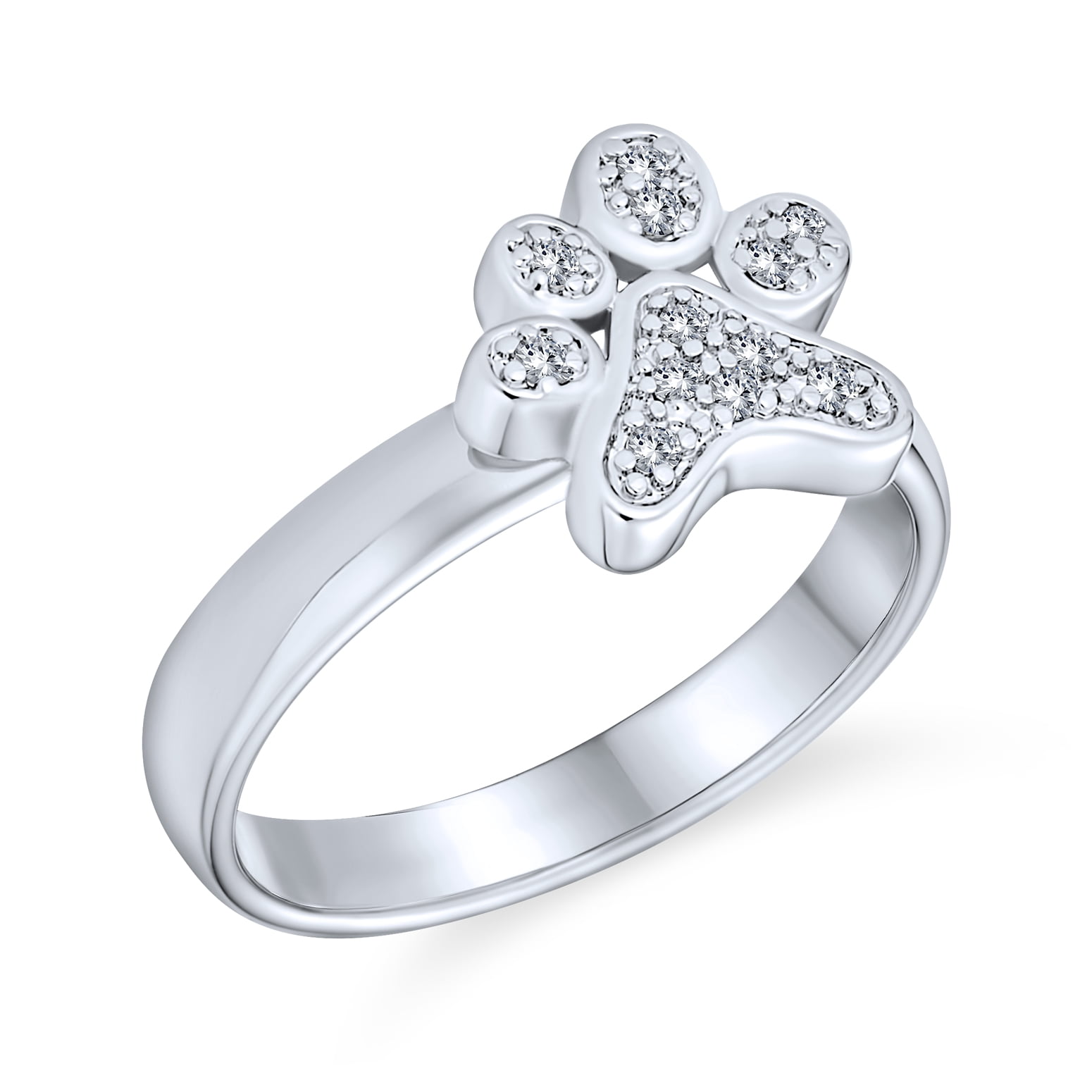 CZ BFF Pet Dog Cat Puppy Kitten Paw Print Ring Silver Plated Brass