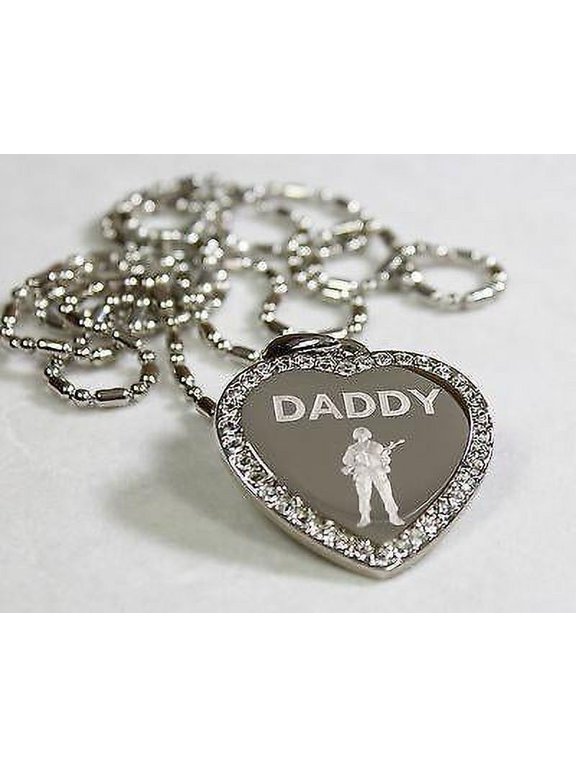 CZ BLING HEART MILITARY SON DAD. BROTHER NECKLACE ARMY NAVY AIRFORCE MARINE