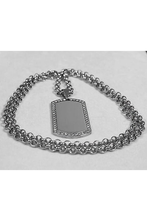 CZ BLING THICK NECKLACE DOG TAG STAINLESS STEEL ROLO CHAIN