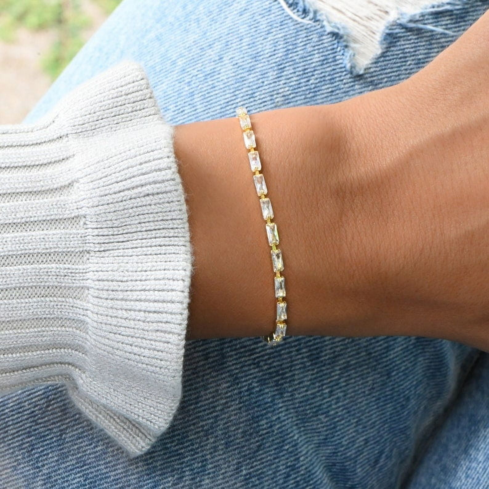 FANCIME Gold Plated Birthstone Tennis Bracelet - Adjustable Bolo Chain With Aquamarine Gemstones For Women