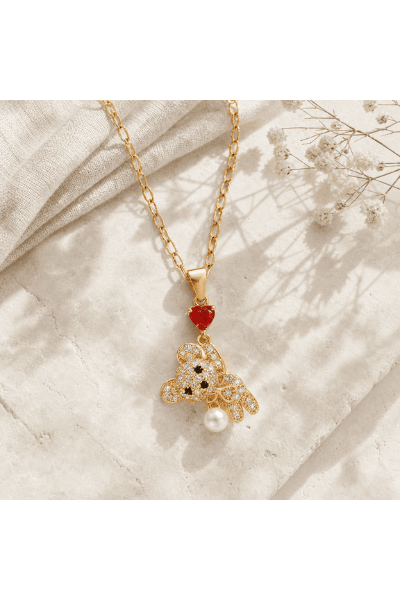 CZ Bear Pendant Necklace for Women, Gold Tone Copper Necklace, 16.1 in Chain