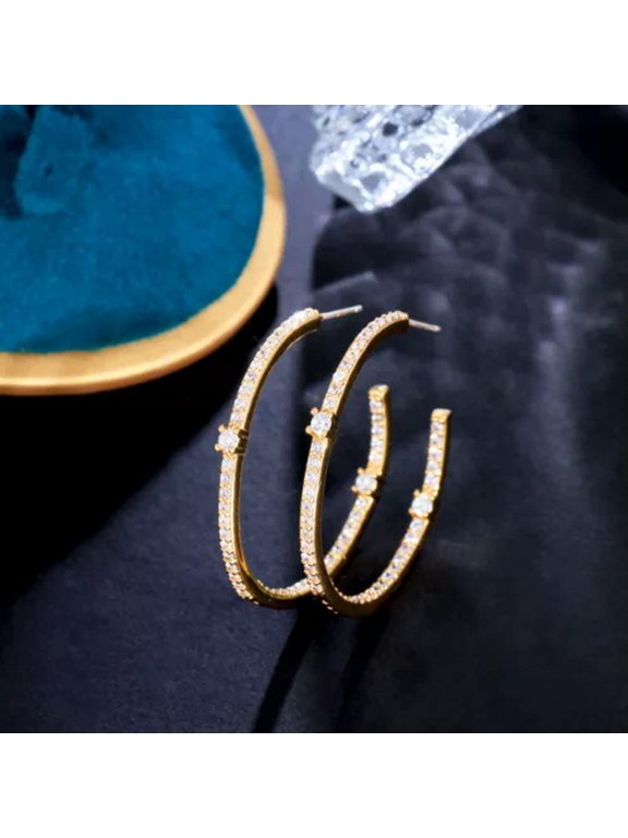 CZ Big Loop Circle Hoop Earrings Women Party 925 Sterling Silver Shiny Jewelry
