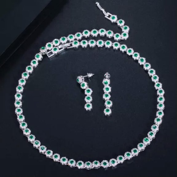 CZ Big Round Connected Choker Necklace Dangle Drop Earring Jewelry Set for Women