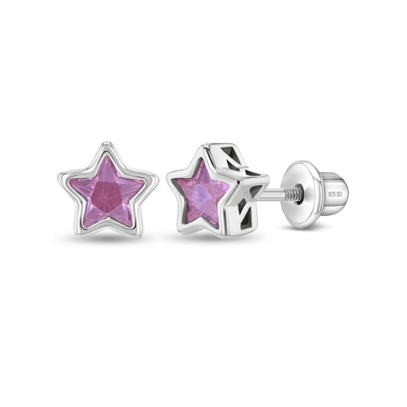 CZ Birthstone Star Pink Tourmaline Girls Earrings Screw Back - Sterling Silver