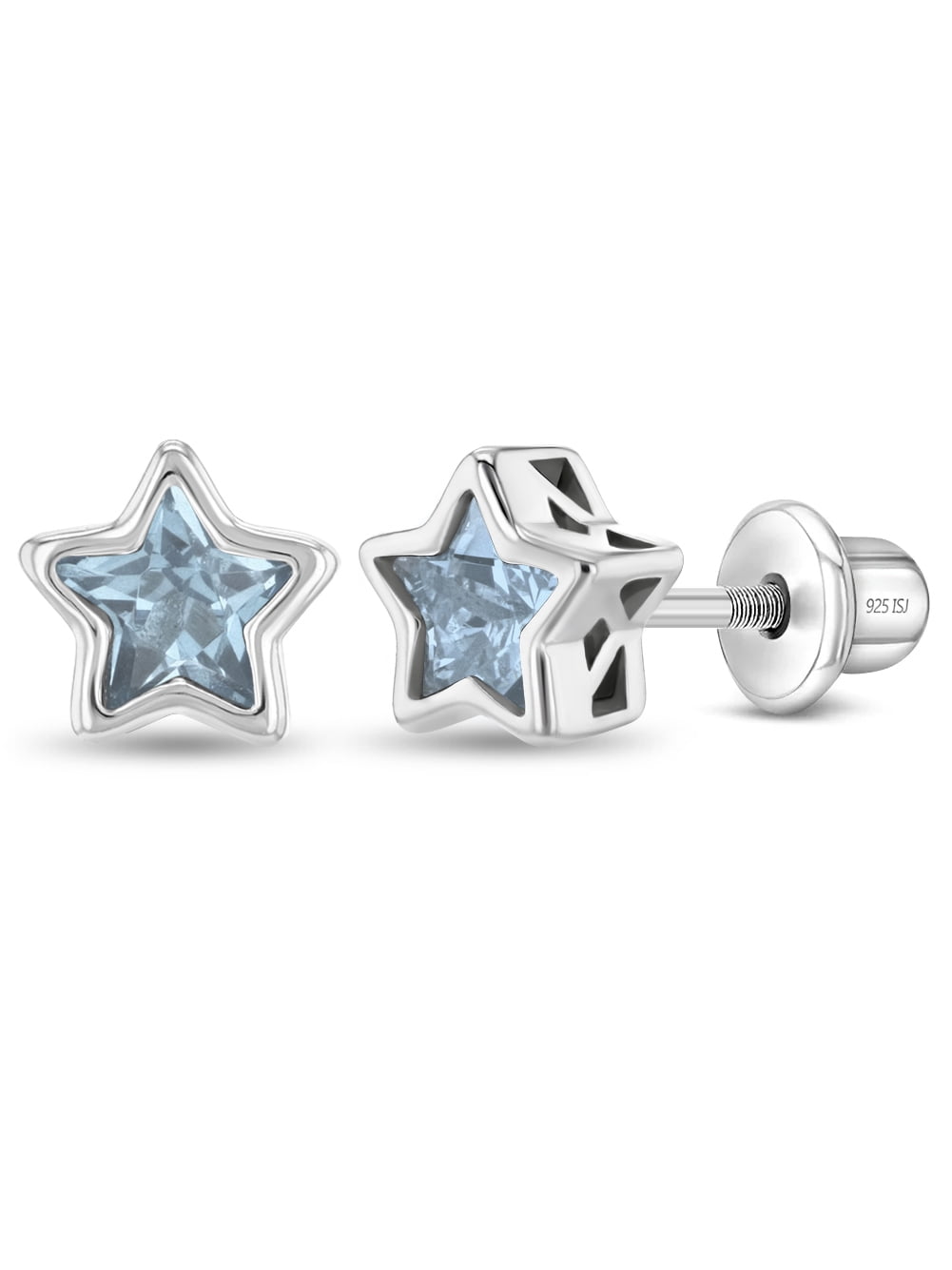 CZ Birthstone Star Simulated Aquamarine Earrings Screw Back - Sterling Silver