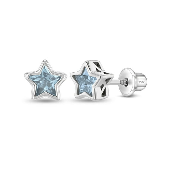 CZ Birthstone Star Simulated Aquamarine Earrings Screw Back - Sterling Silver