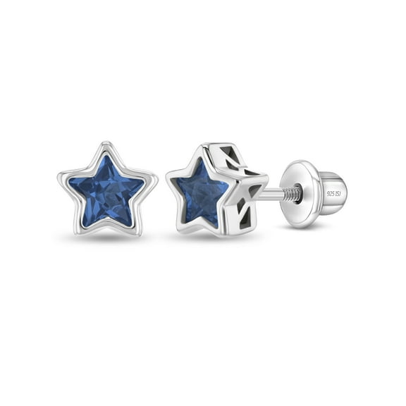 CZ Birthstone Star Simulated Blue Topaz Earrings Screw Back - Sterling Silver