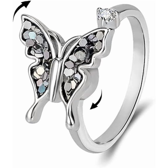 CZ Black Butterfly Fidget Spinner Ring for Women Silver Plated Anxiety Rotate Stress Relief Cubic Zirconia Open Band Finger Rings Adjustable Stacking Comfort Fit Crystal Animal Punk Halloween Jewelry