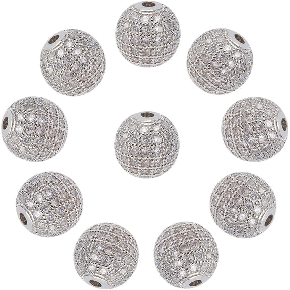 CZ Brass Micro Pave Grade AAA Clear Color Cubic Zirconia Round Beads Cadmium Free Nickel Free Lead Free Platinum 10mm Hole: 2mm