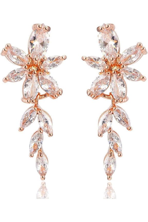CZ Bridal Earrings for Wedding Women’s Elegant Teardrop Cubic Zirconia Cluster Floral Leaf Crystal Rhinestone Dangle Drop Earring for Bride Bridesmaids Mother of Bride Party Prom Earrings for[a5322]