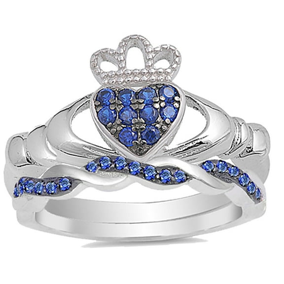 CZ Bridal Wedding Engagement Ring Set Simulated Blue Sapphire Claddagh Silver (10)