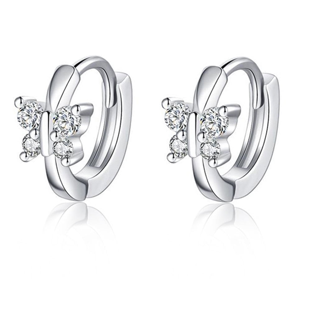 ZETSHION CZ Butterfly Sleeper Tiny Small Hoop Earrings Sterling Silver 925 Crystal for Women