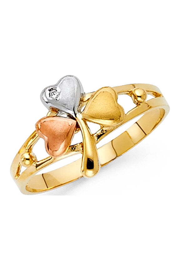 CZ Clover Ring Solid 14k Yellow White Rose Gold Three Leaf Band Good Luck 3 Hearts Tri Color, Size 5.5