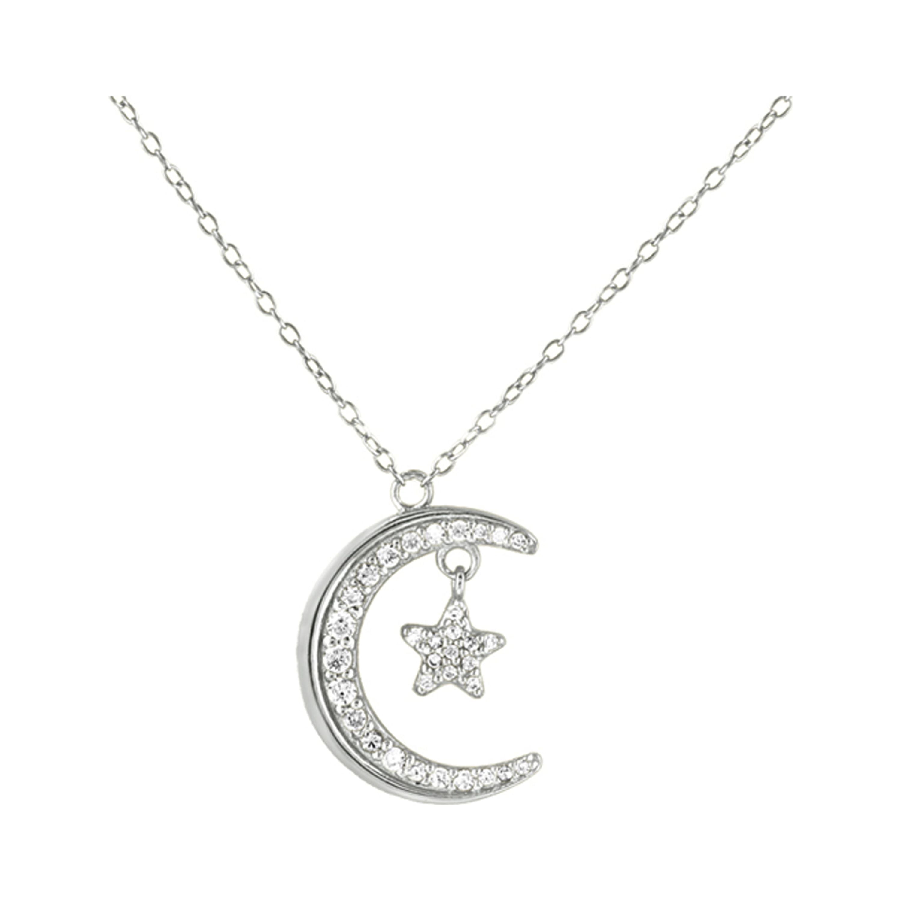 CZ Crescent Moon and Star Pendant Necklace in 925 Sterling Silver ...
