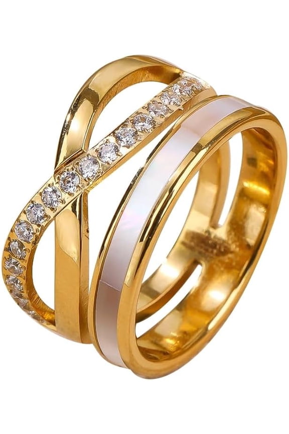 CZ Criss Cross Wedding Band Stainless Steel Dainty Statement Ring for Women 18k Gold Plated Engagement Eternity Infinite Love comfort fit Stackable Finger Ring Fashion Everyday Jewelry Best Friend