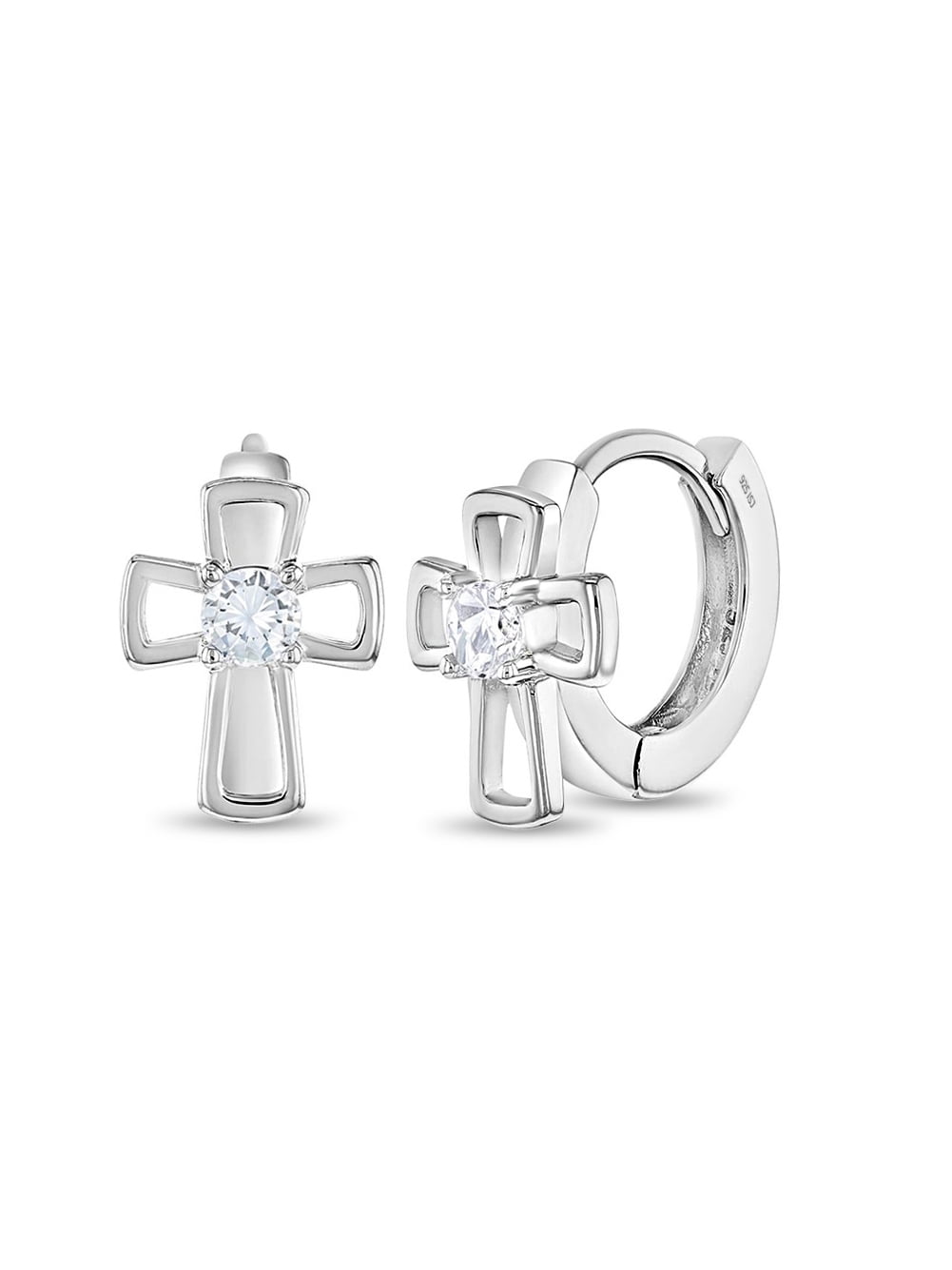 CZ Cross 9mm Kids / Children's / Girls Earrings Hoop - Sterling Silver