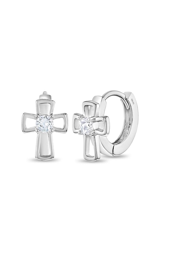CZ Cross 9mm Kids / Children's / Girls Earrings Hoop - Sterling Silver