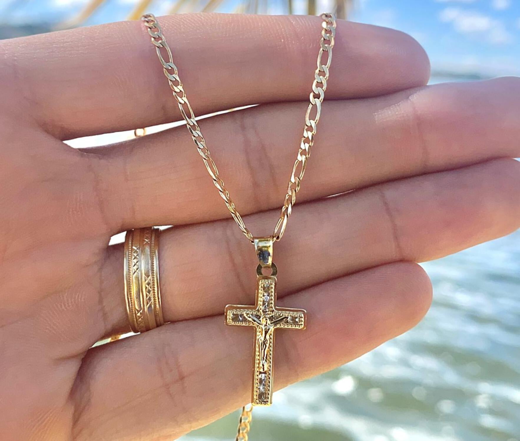 ★COURONNE★ Bellini G Bella Cross 22_RXBRX23114NAX CZ Cross Charm Necklace Figaro Chain 14K Gold Filled
