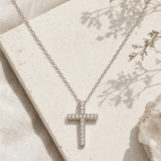 CZ Cross Pendant Necklace for Women, Silver Tone Copper Necklace, 16.5 in Chain