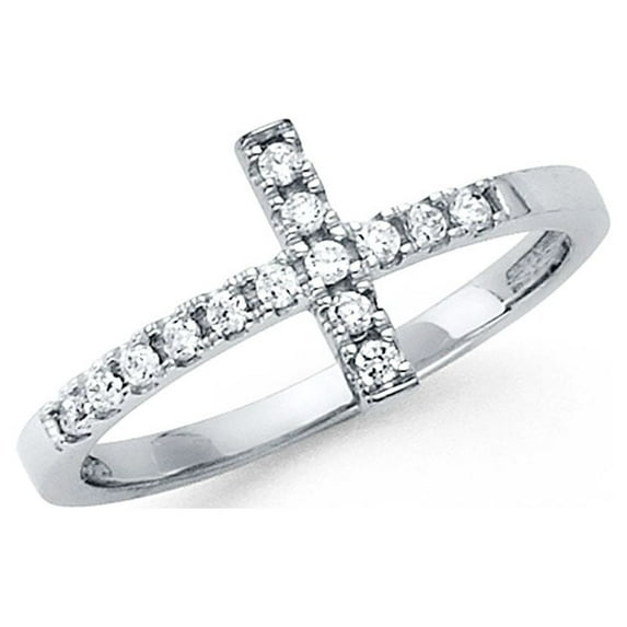 CZ Cross Ring Solid 14k White Gold Band Religious Style Pave Set Polished Finish Fancy, Size 5