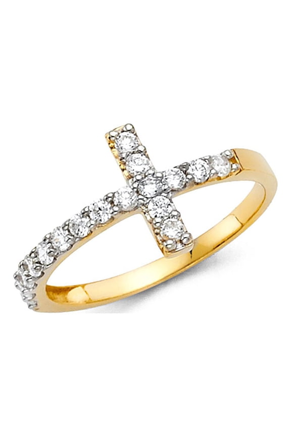 CZ Cross Ring Solid 14k Yellow Gold Band Religious Style Pave Set Polished Finish Fancy, Size 8