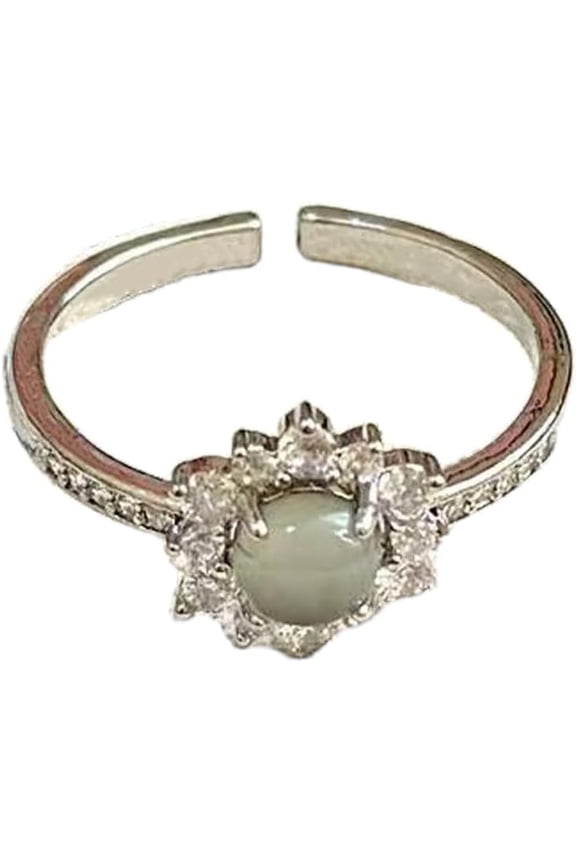 CZ Crystal Flower Open Band Ring for Women Silver Plated Hola Round Opal Green Jade Statement Wrap Finger Rings Expandable Comfort Fit Fashion Vintage Wedding Party Jewelry