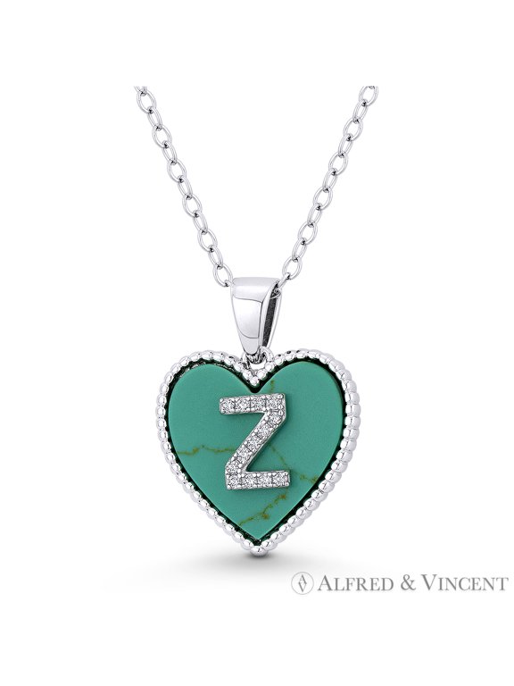 Cubic Zirconia CZ Crystal Initial Letter "Z" on Faux Turquoise Heart Charm 20x15mm Pendant in .925 Sterling Silver
