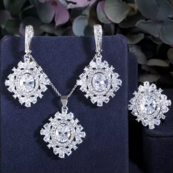 CZ Crystal Oval Dangle Earring Necklace and Ring Jewelry Silver Plated Pink Set
