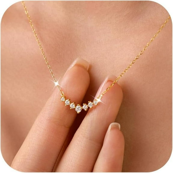CZ Curved Bar Pendant Necklace for Women 925 Sterling Silver Cubic Zirconia Pendant for Mother 14K Gold Plated V Shaped Charm Necklace for Mother Daughter Wedding Birthday Jewelry Gift