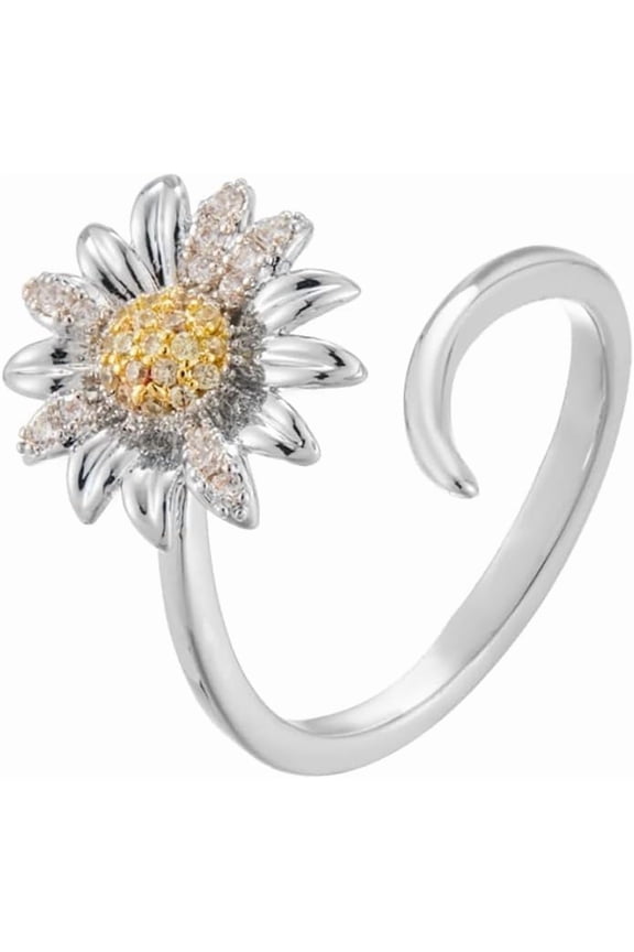 CZ Daisy Flower Ring for Women Sunflower Wrap Finger Ring Crystal Floral Promise Engagement Rings Eternity Anniverary Band Adjustable Elegant Jewelry