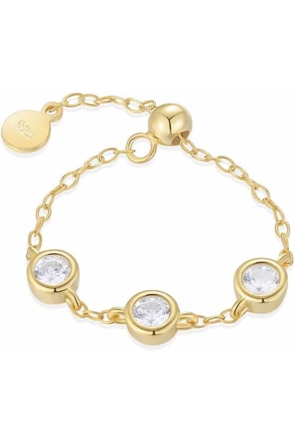 CZ Diamond Link Chain Statement Ring for Women Sterling Silver 925 Crystal Stackable Band Adjustable Promise Engagement Ring Dangling Coin Dainty Jewelry Gifts