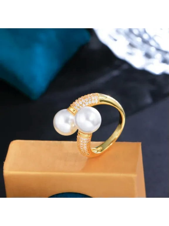 CZ Double Pearl Ring Cubic Zirconia Silver Plated White Cocktail Party Jewellery