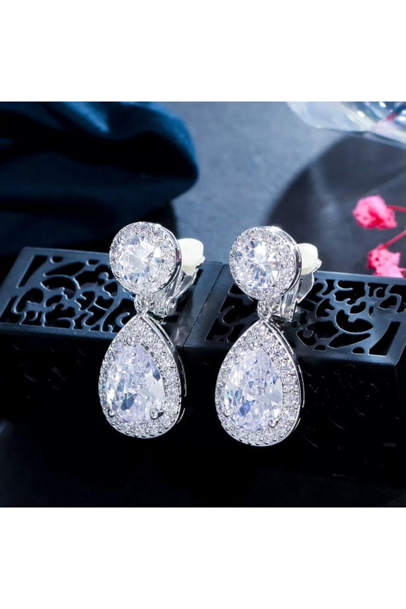 CZ Drop Clips No Pierced Ear Clamp Earrings for Brides Women Fashion Jewelry
