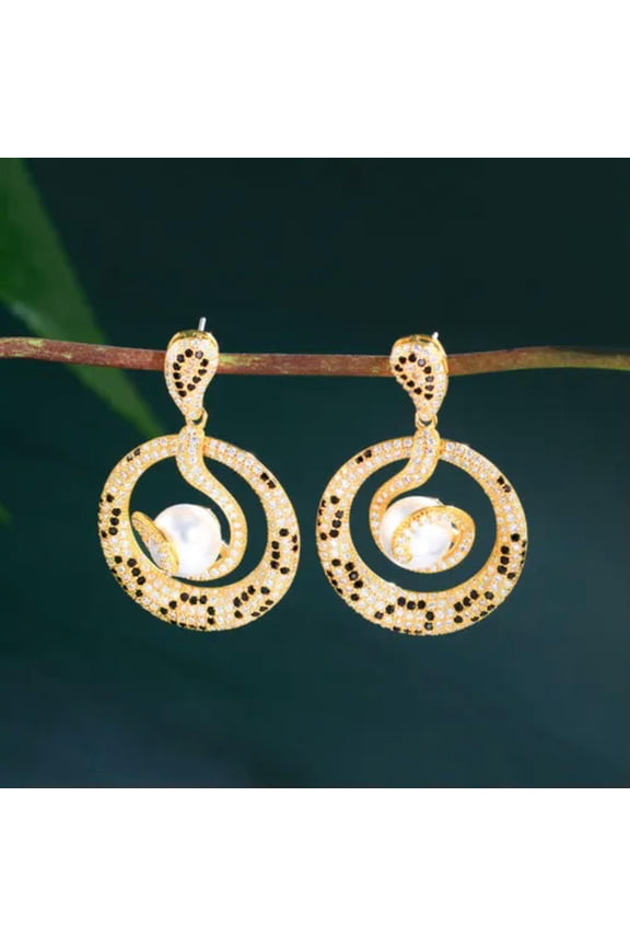 CZ Dubai Yellow Gold Plated Snake Pattern Long Dangling Drop Pearl Party Earring